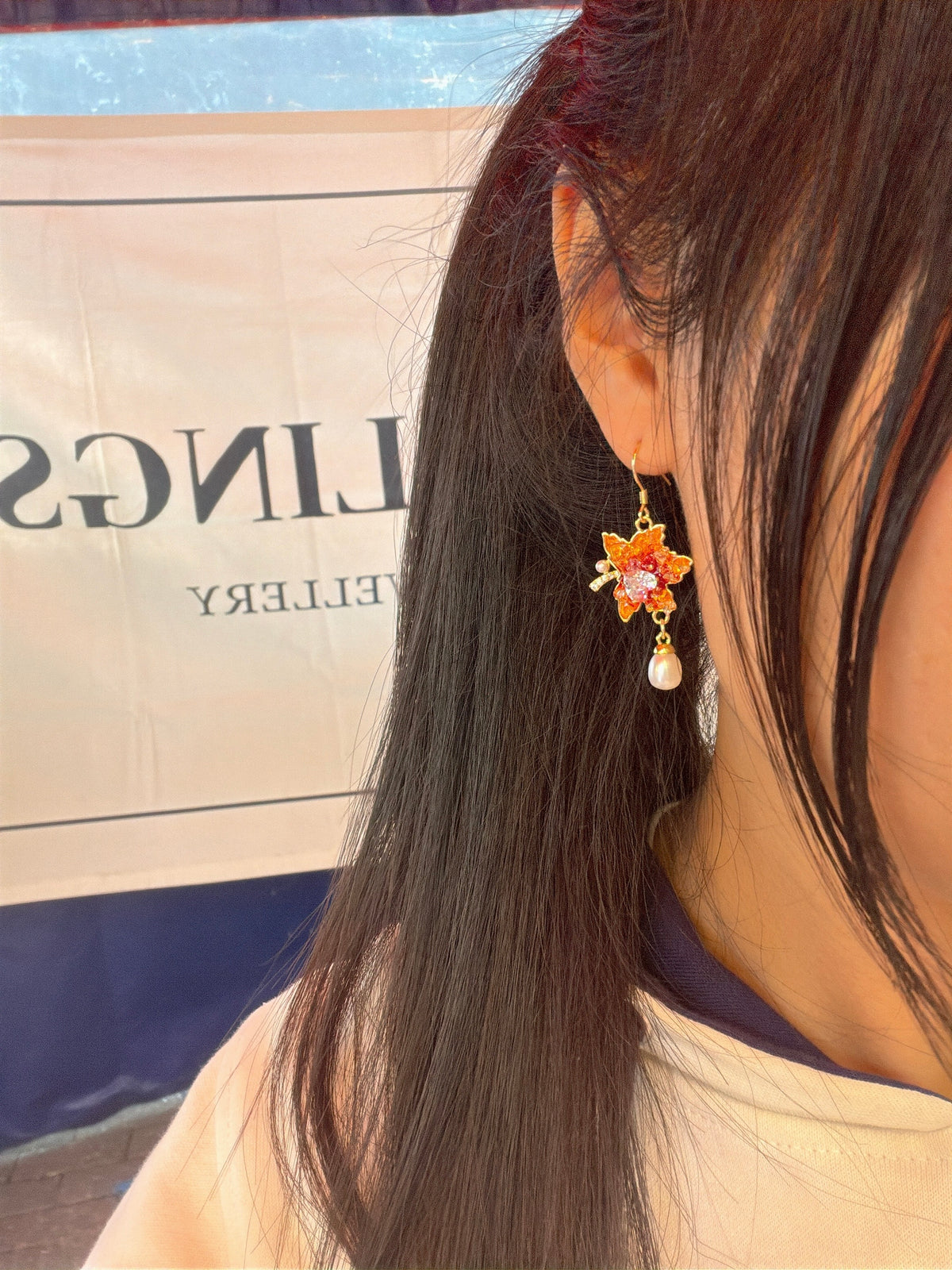 Maple Leaf Earrings with Pearl (Orange)