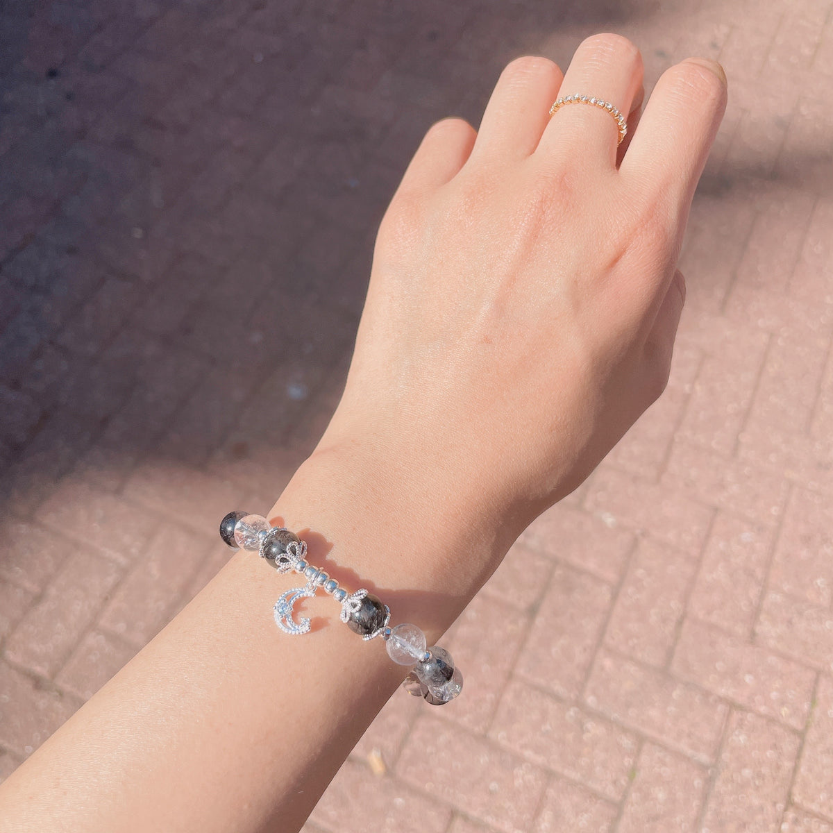 Beaded Bracelet — Black Quartz and Clear Quartz (Silver)